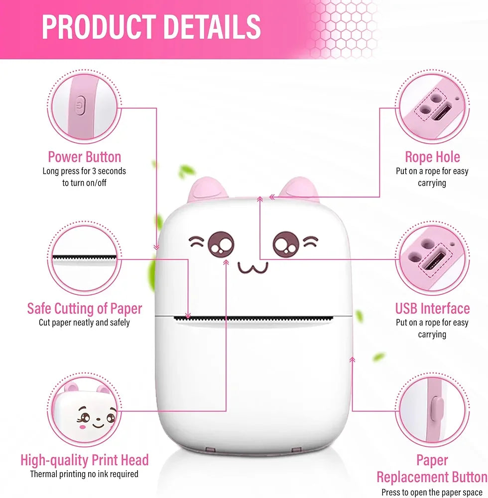 Mini Thermal Pocket Printer – Cute Cartoon Design - Martly