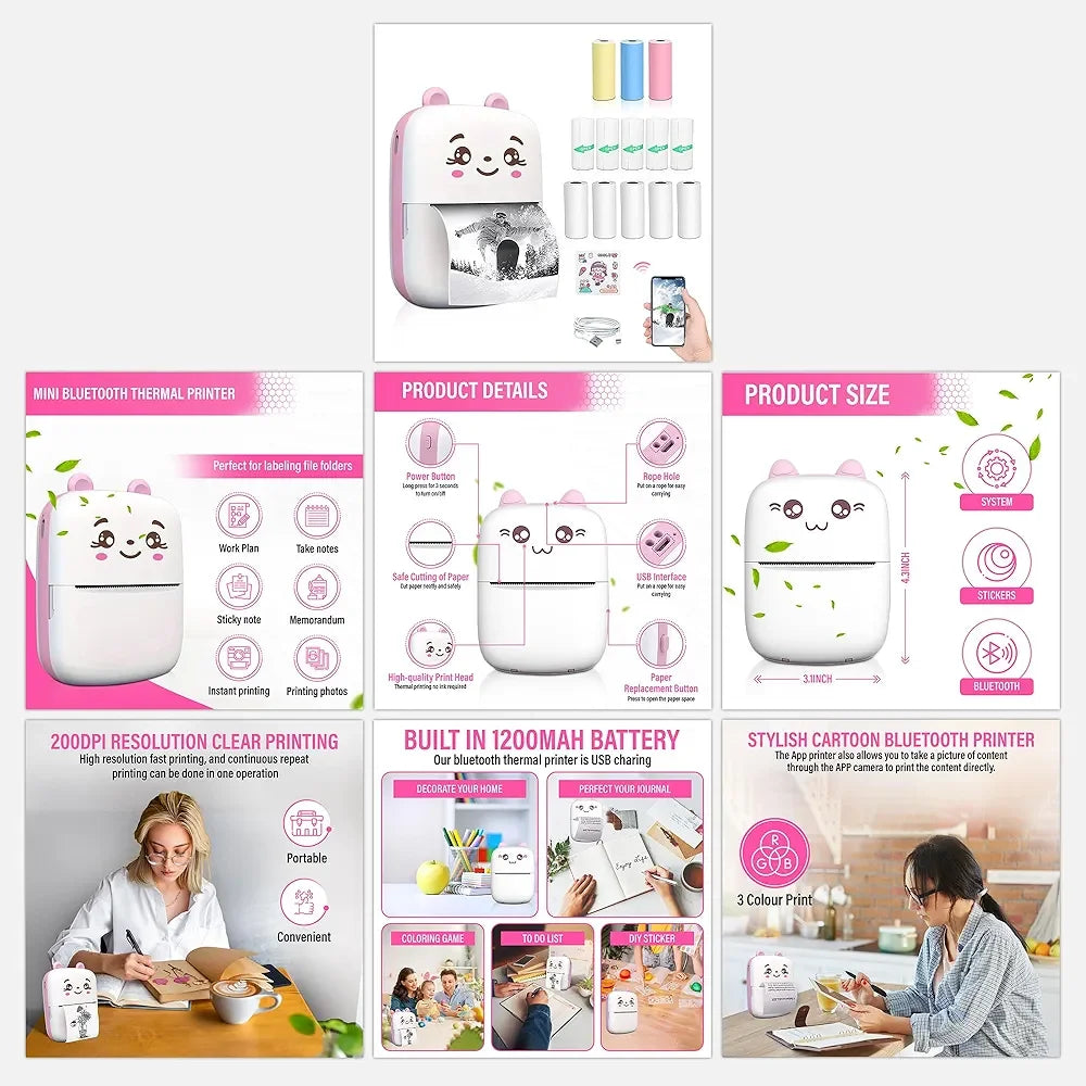 Mini Thermal Pocket Printer – Cute Cartoon Design - Martly